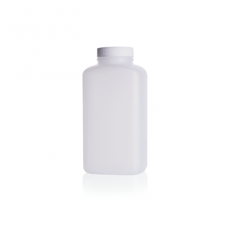Flacon plastique carre a col large PEHD 125 ml, coloris naturel, avec bouchon a joint PE en polyprop