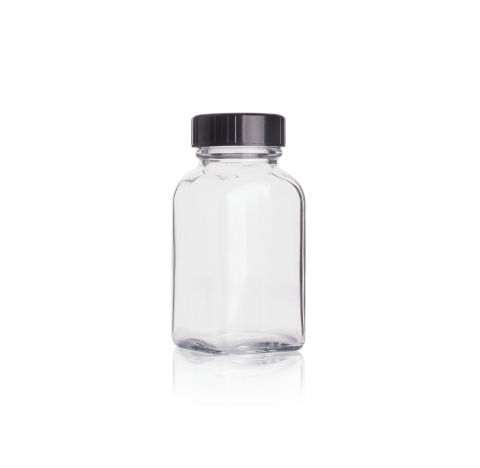 Flacon en verre carre tablette 60 ml type III, clair, avec bouchon a joint phenolique noir conique P