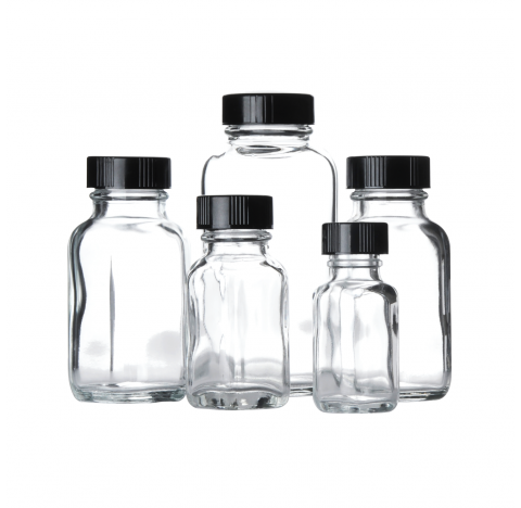 Flacon carre francais, verre clair, contenance 1 oz avec bouchon visse 24-400 phenolique noir a join