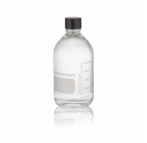 Flacon de milieu, 500 ml, clair, gradue, avec bouchon plein 33-430 phenolique noir a joint caoutchou