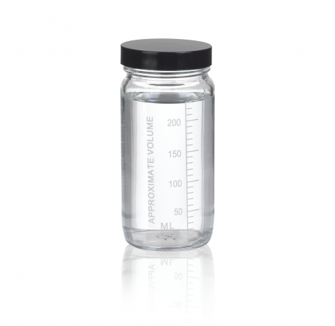 Flacon en verre volumetrique a col large 500 ml type III, clair, avec bouchon phenolique noir a join