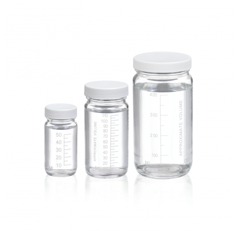 Flacon en verre volumetrique a col large 60 ml type III, clair, avec bouchon phenolique noir a joint