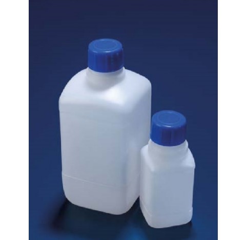 Flacon carre HDPE, 1000 ml, col etroit avec bouchon a vis bleu