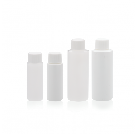 Flacon plastique rond cylindrique PEHD 500 ml, coloris naturel, avec bouchon a joint PE en polypropy