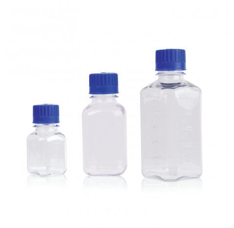 Flacon de milieu carre, sterile, PETG, 1000 ml (Boite de 12) avec bouchon standard. PETG transparent