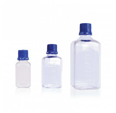 Flacon de milieu carre avec bouchon a temoin d'integrite, PETG, 2000 ml (Boite de 6). PETG transpare