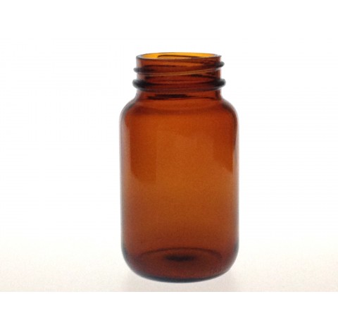 Flacon pharmaceutique 100 ml col large ouverture en verre jaune, poudrier en verre R3/38 sodocalciqu
