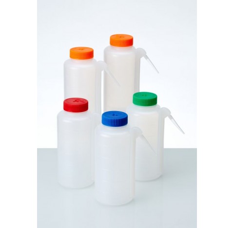 Pissettes integrales rondes, col large, 500 ml  avec capuchons rouge, jaune, bleu, vert et orange