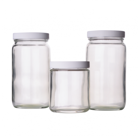 Flacon en verre a col large 1000 ml type III, clair, avec bouchon a joint en polypropylene polyvinyl