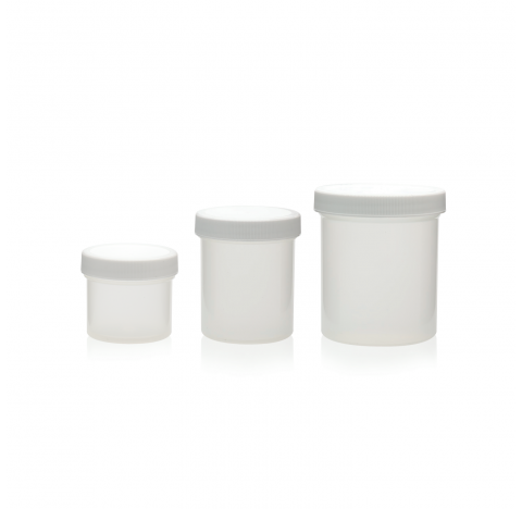 Contenant a col large en polypropylene blanc avec bouchon visse 89-400 en polypropylene a joint poly