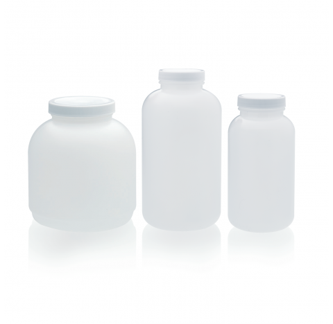 Flacon plastique rond PEHD a col large 950 ml, coloris naturel, sans bouchon (Boite de 72)