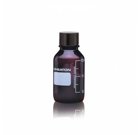 Flacon de milieu, 125 ml, verre borosilicate brun, gradue, avec bouchon plein 33-430 phenolique a jo