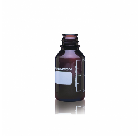 Flacon de milieu, 125 ml, verre borosilicate brun, gradue, sans bouchon visse 33-430 (Boite de 48)