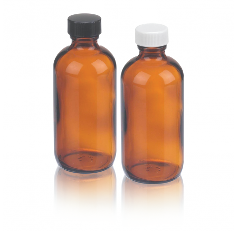 Flacon en verre rond 125 ml Boston type III, ambre, avec bouchon a joint en polypropylene polyvinyle