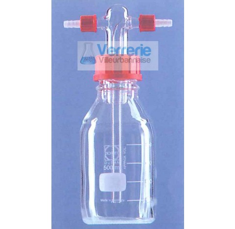 Flacon laveur de gaz 500 ml diam 26 mm sans fritte avec 2 pas de vis GL18 sans olive plastique
