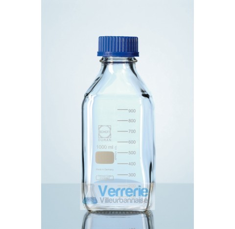 Flacon de laboratoire visse GL 45, carre, clair, avec capuchon a vis et bague de deversement (PP), 1