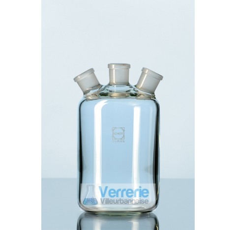Flacons de Woulff 500 ml, a 3 cols RIN, pour emploi sous vide, NS 19/26, diametre 87 mm . Duran Scho