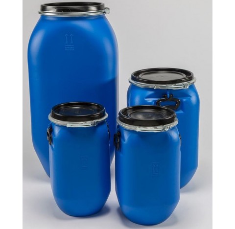 fut OT en PEHD bleu 50 litres, carre, ouverture totale,2 poignees, HOM. NON ALIM., homologue solide.