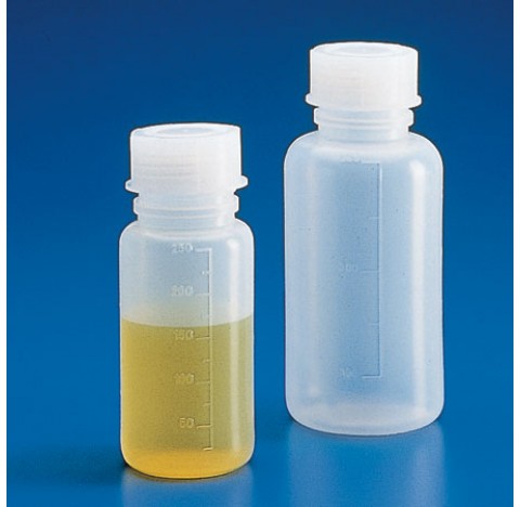 Flacon gradue col large PE 2 litres GL63 diam ext 120 mm hauteur 252 mm diam int du col 55 mm gradua