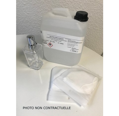 Kit complet de protection contre le Covid 19, comprenant un bidon de 5 litres de solution hydroalcoo