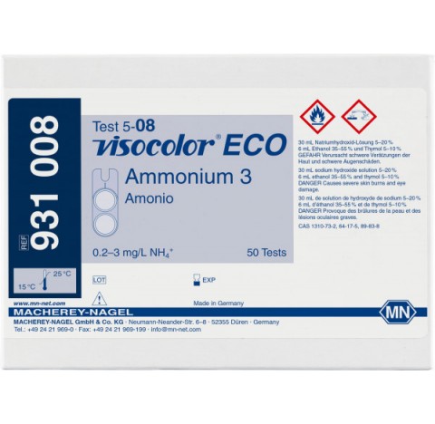 Kit de test colorimetrique Visocolor eco ammonium 3, conditionnement 50 tests.Graduation ammonium : 
