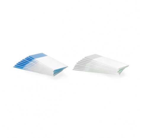 Lames porte-objets, avec bords depolis 90ø, bleu, 25x75x1mm