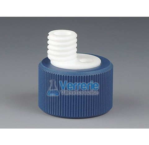 Bouchon PTFE/PPS distributeur / connecteur pour flacon iso verre 38/430, 1xPas de vis GL 18 et une a