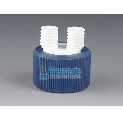 Bouchon PTFE/PPS distributeur / connecteur pour flacon iso verre 33/430, 2xPas de vis GL 14