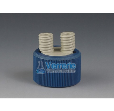Bouchon PTFE/PPS distributeur / connecteur pour flacon iso verre 38/430, 2xPas de vis GL 14, max pou