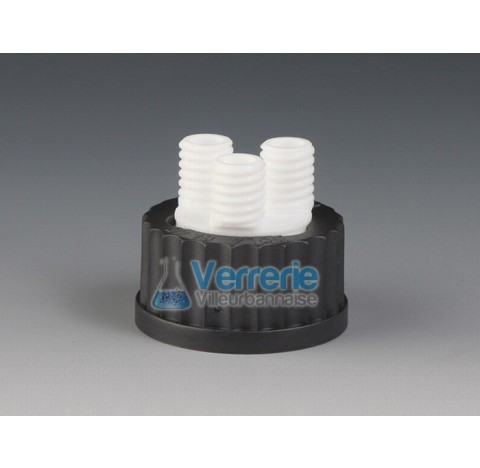 Bouchon PTFE/PPS distributeur / connecteur pour flacon iso verre pas de vis GL 45, 3 xPas de vis GL 