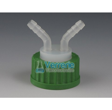 Bouchon PP distributeur / connecteur pour flacon iso verre avec tuyau flexible diam int 7-11 mm et p