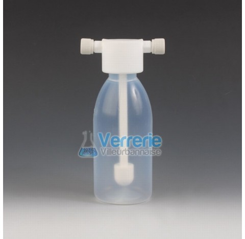 Flacon laveur en PFA 500 ml connection pour tube diam ext 6mm diam int 2mm hauteur totale 200 mm dia