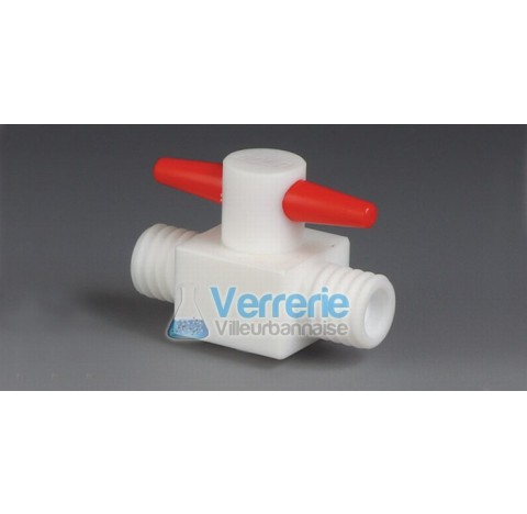 Robinet PTFE diam de passage 4 mm 2 pasde vis GL14 dim. 54x20x38mm Temps max. -30 degre a +150 degre