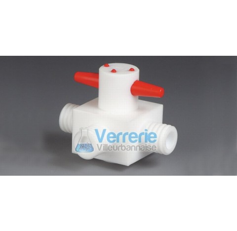Robinet en croix PTFE diam de passage 4mm 4 pas de vis GL14 dim. 74x57x57mm Temps max. -30 degre a +