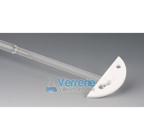 Tige d'agitation en verre a pale PTFE demi-lune dim. 90x24mm longueur 490 mm, Diam de la tige 10 mm,