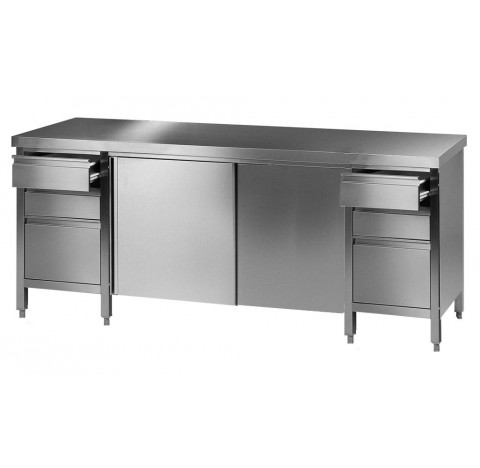 Bureau / paillasse de laboratoire 2100x750mm hauteur 750mm en inox avec 2 blocs tiroirs de 3 tiroirs