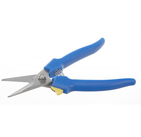 Paire de ciseaux inox dentee long de lame 40mm longueur totale 190mm avec manche plastique