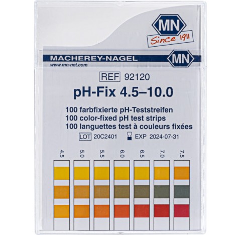Languettes pH, pH-Fix 4,5?10,0, Indicateur li‚ chimiquement.Graduation pH : 4.5-5-5.5-6-6.5-7-7.5-8-
