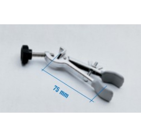 Pince 2 doigts pour burettes et tubes en metal chrome et machoires plastifies en PVC avec noix, pour