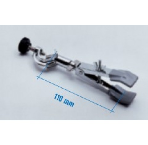 Pince 2 doigts pour burettes et tubes en metal chrome et machoires plastifies en PVC avec noix, pour