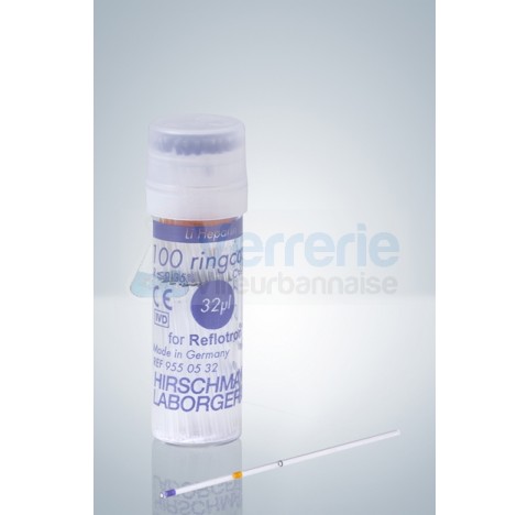 Pipettes capillaires pour Reflotron avec trait a 32 UL heparine lithium CE d'apres IVP98/79EC 5packs