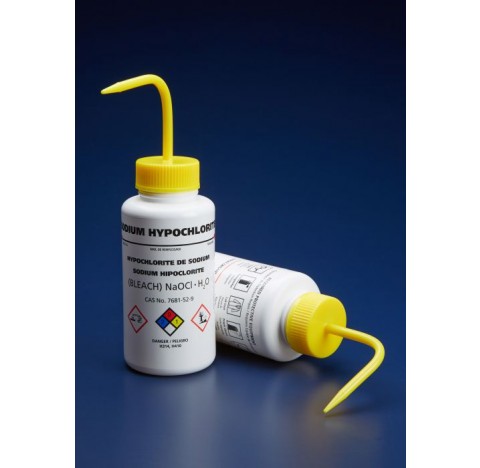 Pissette, Sodium Hypochlorite/eau de javel, col large LDPE, 500ml, bouchon jaune, sans systeme anti-