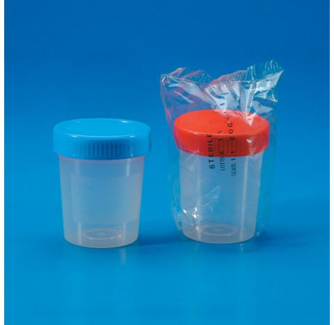 Flacon à urine 150 ml non stérile diamètre 58 mm hauteur 73 mm, subdivision 20 ml, bouchon bleu, boi