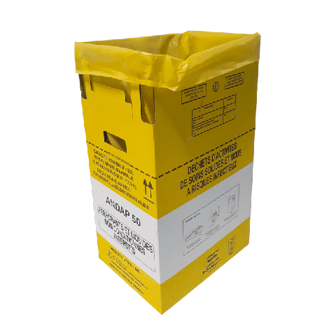 Le collecteur de dechets medicaux SHARPSAFE Modele EXCHANGE NF, d'une capacite de 50 litres, est con