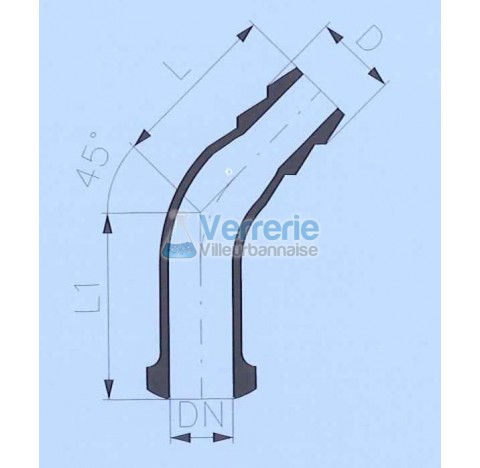 Raccord DN 25 KZA avec olive diam 33 en verre coude 75 degre