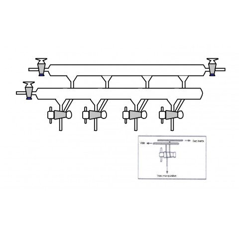 Rampe a vide double 4 voies robinet cle verre 2,5 mm olive verre