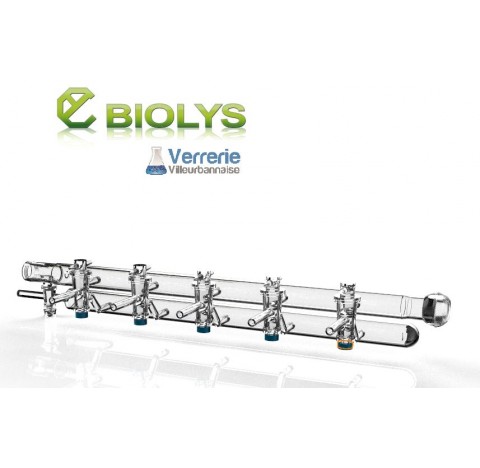 Rampe a vide double 5 voies robinet cle verre 2,5 mm olive verre, rodage male 35/20, rodage femelle 