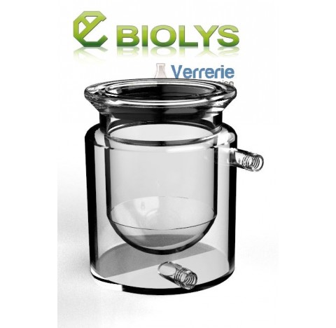 Reacteur verre thermostate fond plat externe et fond rond interne entree et sortie d'eau systeme a v