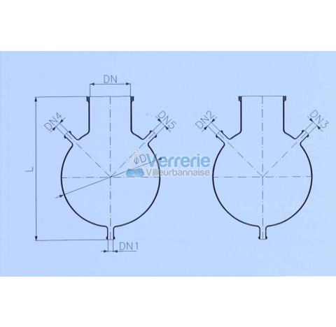 Ballon reacteur en verre 5 litres brides DN 50 KZA vidange DN 100 PZ passage cote DN2 DN 25 KZA Diam