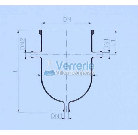 Cuve en verre volume 10 litres bride DN 200 PZ avec vidange DN 25KZA deux passages sur le cote DN 25